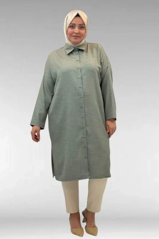 68018 Plus Size Drop Shoulder Shirt - Dark Green - BÜYÜKBEDENIZ