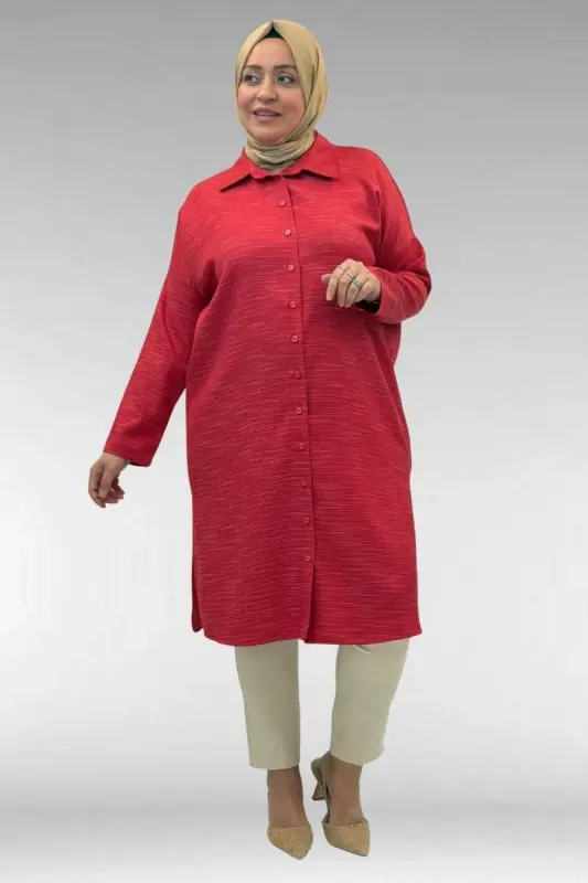 68018 Plus Size Drop Shoulder Shirt - Red - BÜYÜKBEDENIZ