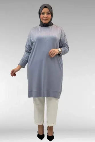 68020 Büyük Beden Damla Taş Detaylı Penye Tunik - Gri - 1