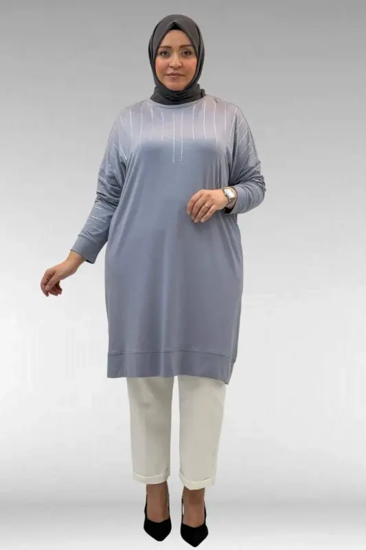 68020 Büyük Beden Damla Taş Detaylı Penye Tunik - Gri - 1