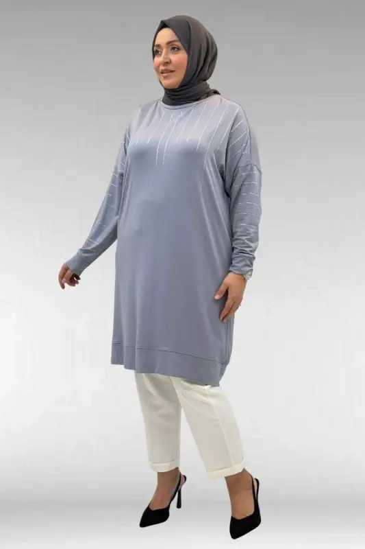 68020 Büyük Beden Damla Taş Detaylı Penye Tunik - Gri - 2