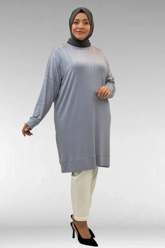 68020 Büyük Beden Damla Taş Detaylı Penye Tunik - Gri - 3