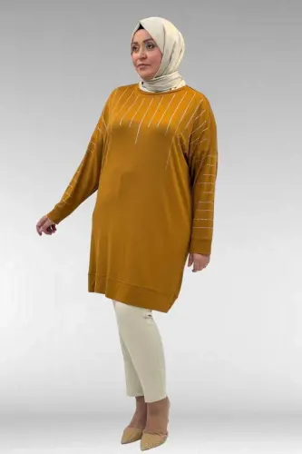 68020 Büyük Beden Damla Taş Detaylı Penye Tunik - Hardal - BÜYÜKBEDENIZ (1)