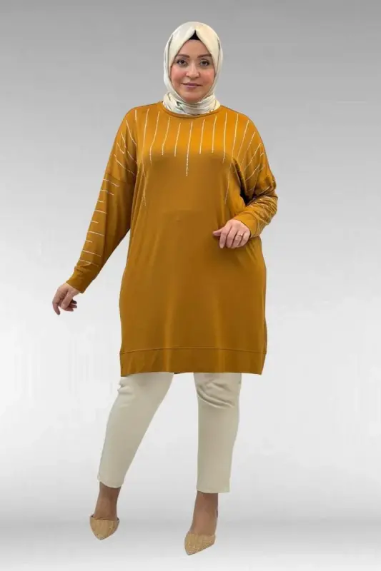 68020 Büyük Beden Damla Taş Detaylı Penye Tunik - Hardal - BÜYÜKBEDENIZ