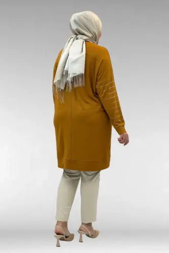 68020 Büyük Beden Damla Taş Detaylı Penye Tunik - Hardal - 3
