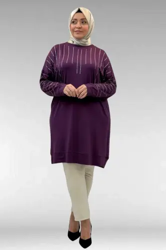 68020 Büyük Beden Damla Taş Detaylı Penye Tunik - Mürdüm - 1