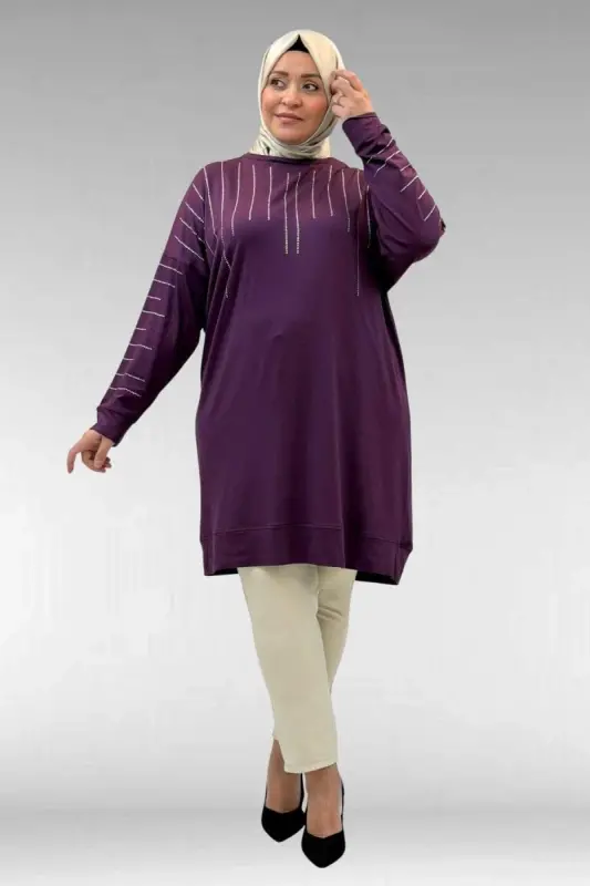 68020 Büyük Beden Damla Taş Detaylı Penye Tunik - Mürdüm - 2