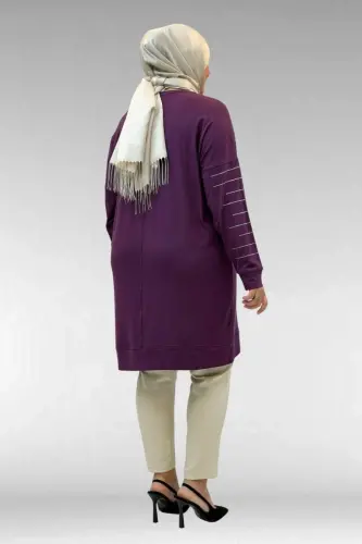 68020 Büyük Beden Damla Taş Detaylı Penye Tunik - Mürdüm - 3