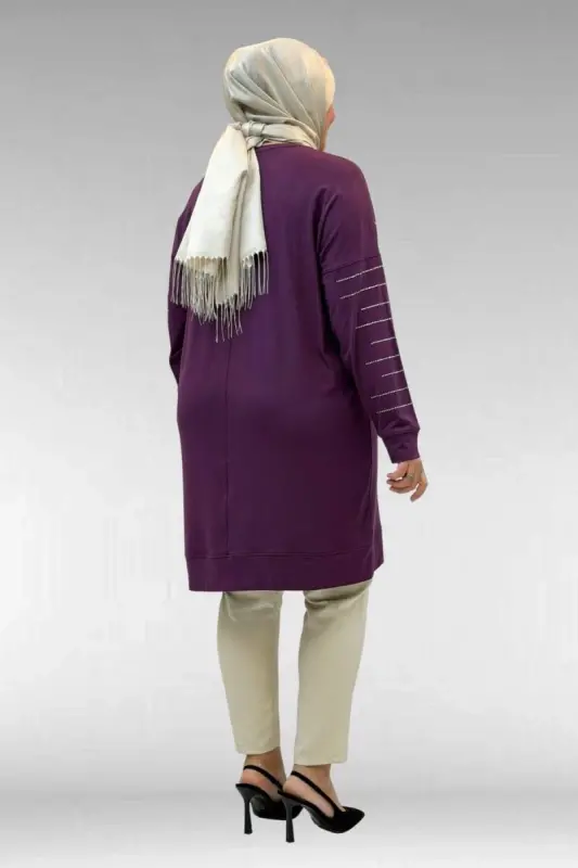 68020 Büyük Beden Damla Taş Detaylı Penye Tunik - Mürdüm - 3