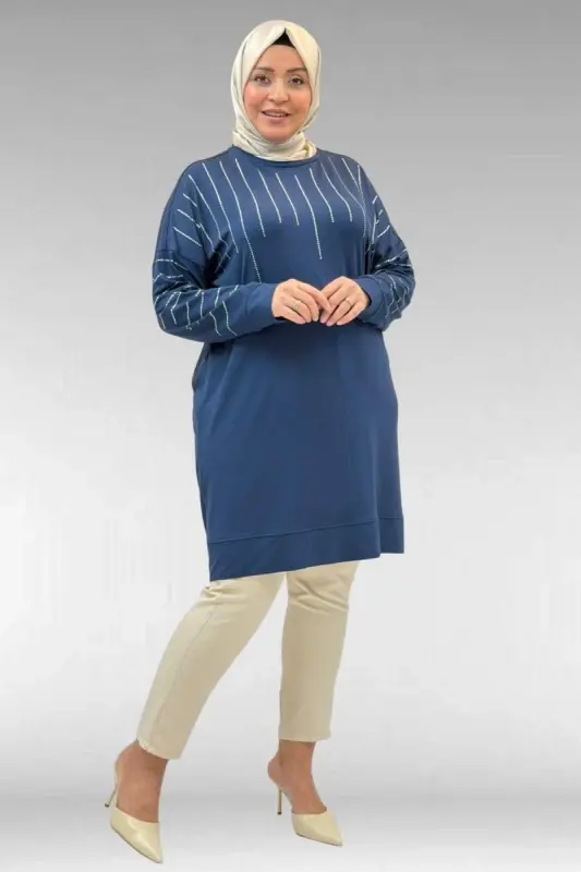 68020 Büyük Beden Damla Taş Detaylı Penye Tunik - Petrol - 1