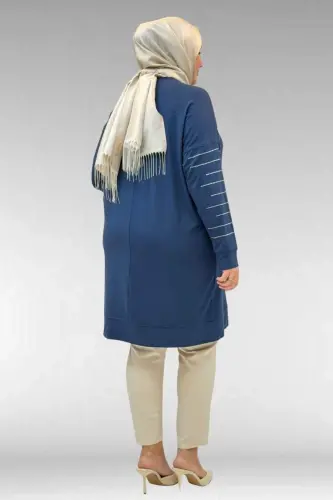 68020 Büyük Beden Damla Taş Detaylı Penye Tunik - Petrol - 3