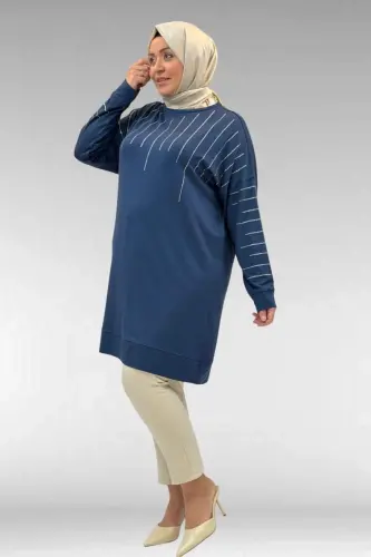 68020 Büyük Beden Damla Taş Detaylı Penye Tunik - Petrol - BÜYÜKBEDENIZ (1)