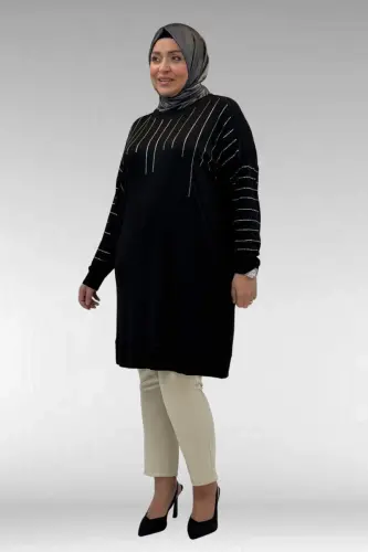 68020 Büyük Beden Damla Taş Detaylı Penye Tunik - Siyah - BÜYÜKBEDENIZ (1)
