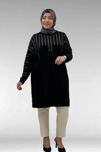 68020 Büyük Beden Damla Taş Detaylı Penye Tunik - Siyah - 1