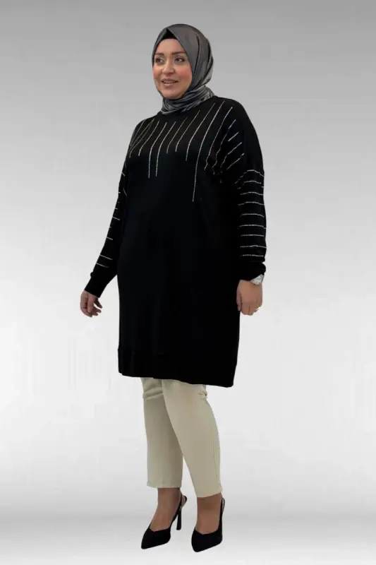 68020 Büyük Beden Damla Taş Detaylı Penye Tunik - Siyah - 2