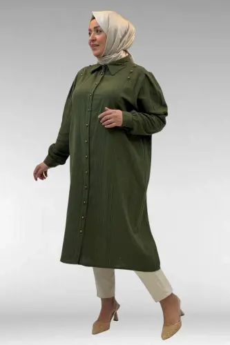 68021 Büyük Beden Düğme Detaylı Müslin Gömlek - Haki - BÜYÜKBEDENIZ (1)