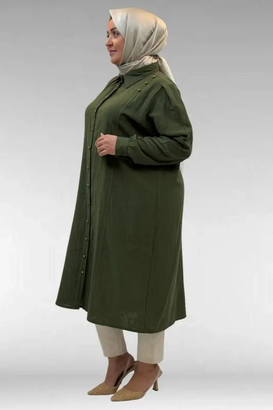 68021 Büyük Beden Düğme Detaylı Müslin Gömlek - Haki - 3