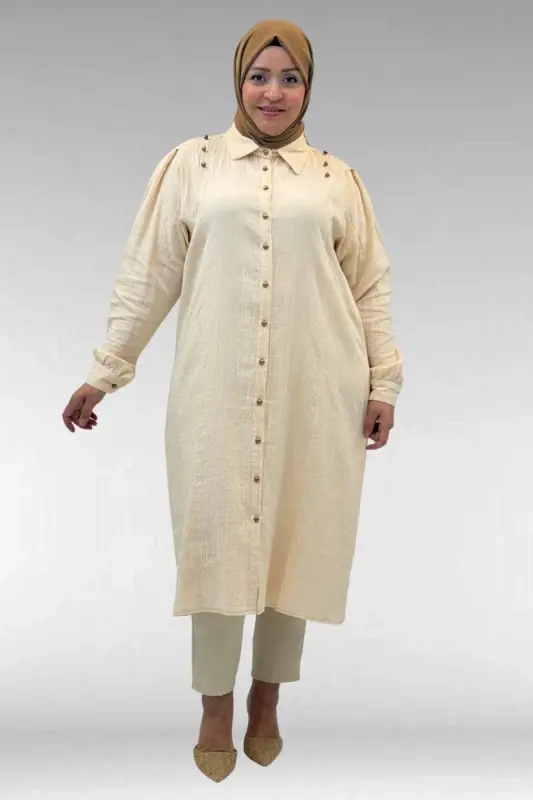 68021 Büyük Beden Düğme Detaylı Müslin Gömlek - Krem - 1