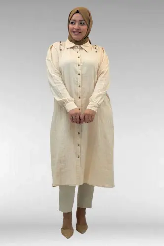68021 Büyük Beden Düğme Detaylı Müslin Gömlek - Krem - 3