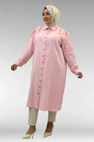68021 Büyük Beden Düğme Detaylı Müslin Gömlek - Şeker Pembesi - BÜYÜKBEDENIZ (1)