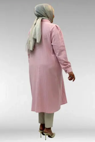 68021 Büyük Beden Düğme Detaylı Müslin Gömlek - Şeker Pembesi - 3