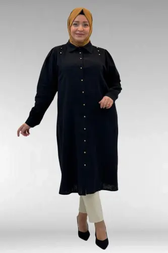 68021 Büyük Beden Düğme Detaylı Müslin Gömlek - Siyah - 1