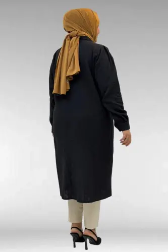 68021 Büyük Beden Düğme Detaylı Müslin Gömlek - Siyah - 3