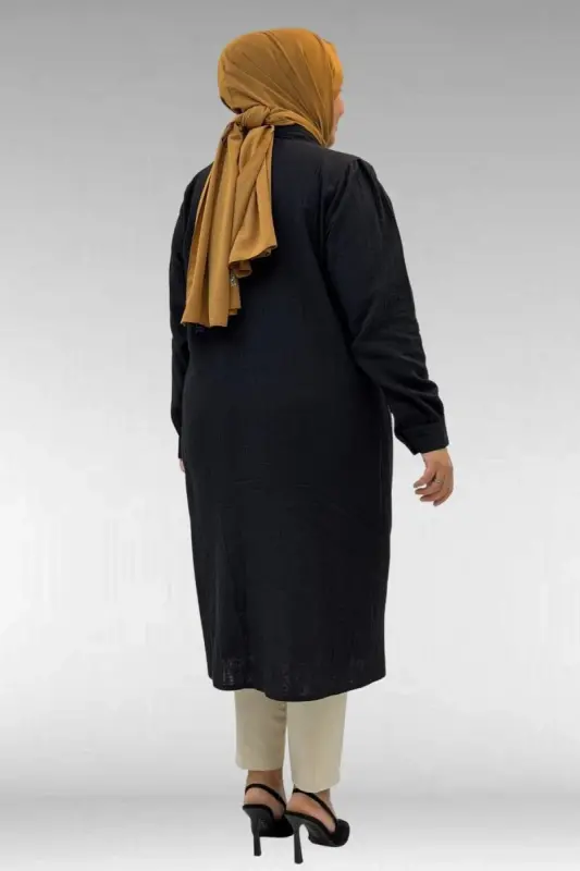 68021 Büyük Beden Düğme Detaylı Müslin Gömlek - Siyah - 3