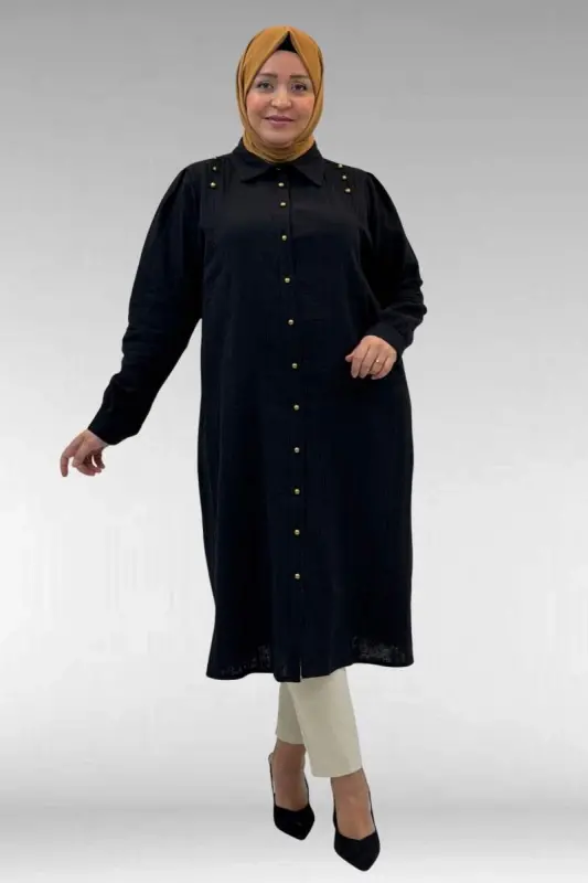 68021 Büyük Beden Düğme Detaylı Müslin Gömlek - Siyah - BÜYÜKBEDENIZ