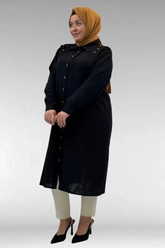 68021 Büyük Beden Düğme Detaylı Müslin Gömlek - Siyah - BÜYÜKBEDENIZ (1)