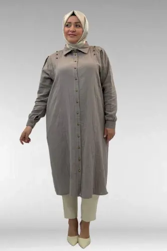 68021 Büyük Beden Düğme Detaylı Müslin Gömlek - Vizon - 1