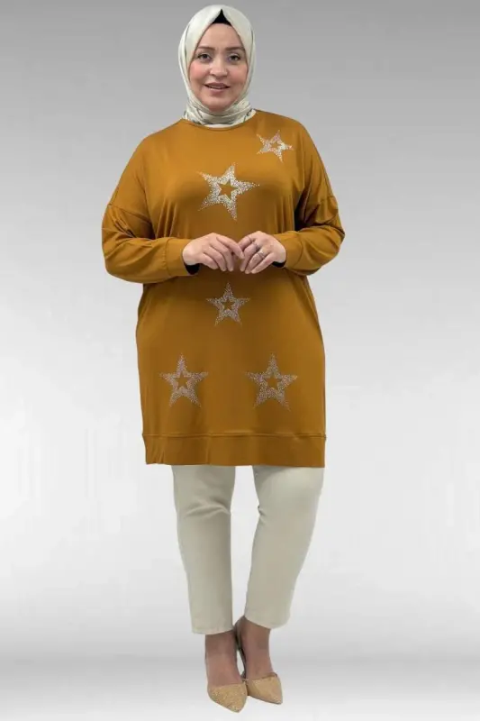 68027 Katta O'lchamli Yulduzli Tosh Bosilgan Paxtali Tunik - Xantal - 3