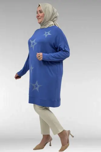 68027 Plus Size Star Stone Printed Combed Cotton Tunic - Indigo - 3