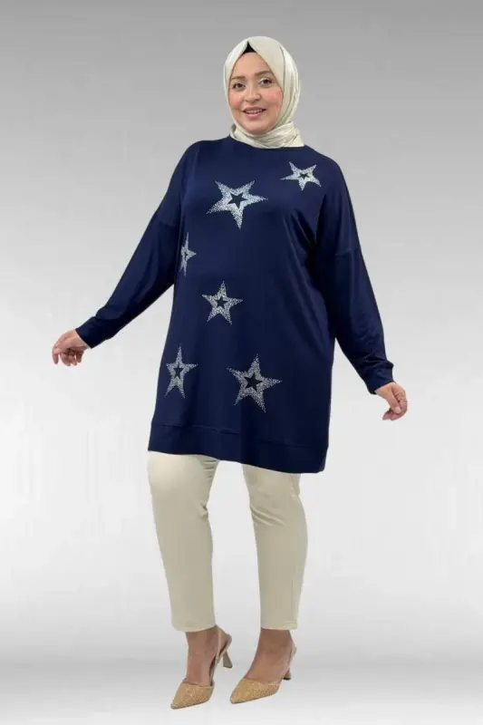 68027 Plus Size Star Stone Printed Combed Cotton Tunic - Navy Blue - 2