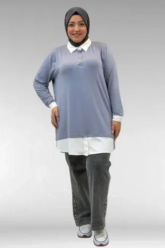 68028 Büyük Beden Kombinli -Manşetli Penye Tunik - Gri - 1