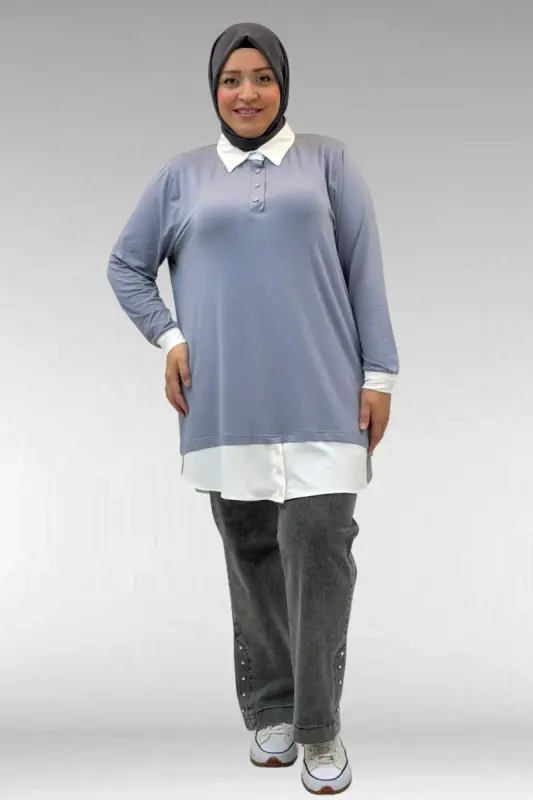 68028 Büyük Beden Kombinli -Manşetli Penye Tunik - Gri - 1