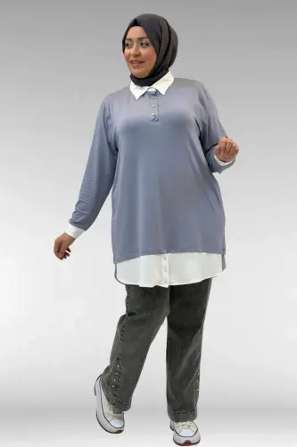 68028 Büyük Beden Kombinli -Manşetli Penye Tunik - Gri - 3