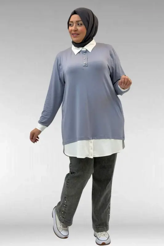 68028 Büyük Beden Kombinli -Manşetli Penye Tunik - Gri - 3