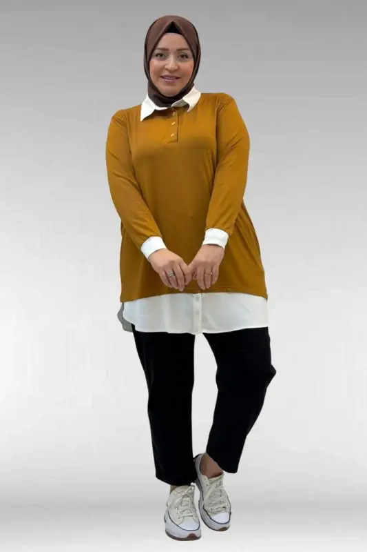 68028 Büyük Beden Kombinli -Manşetli Penye Tunik - Hardal - BÜYÜKBEDENIZ