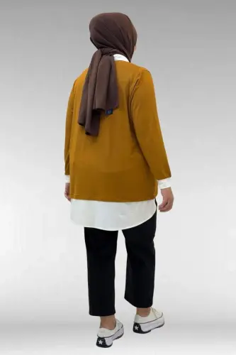 68028 Büyük Beden Kombinli -Manşetli Penye Tunik - Hardal - 3