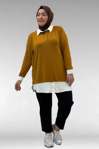 68028 Büyük Beden Kombinli -Manşetli Penye Tunik - Hardal - BÜYÜKBEDENIZ (1)