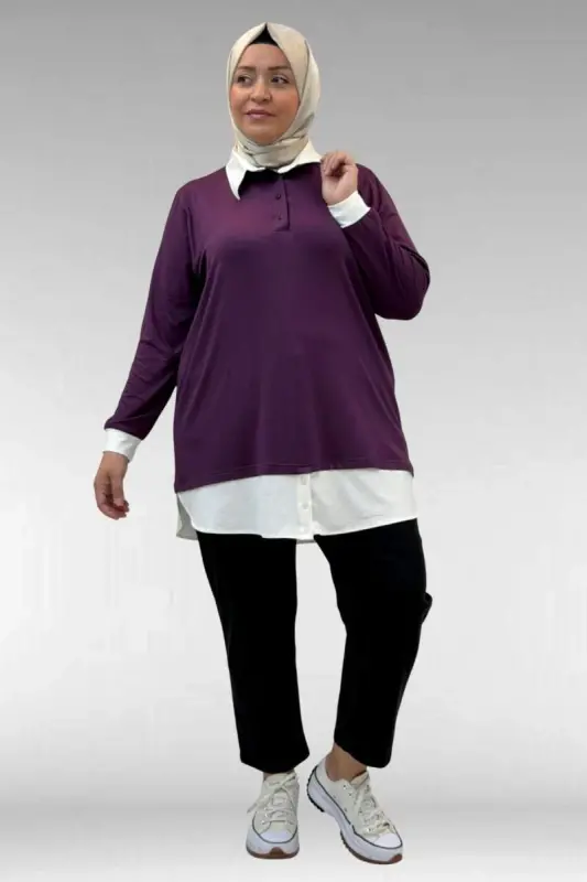 68028 Büyük Beden Kombinli -Manşetli Penye Tunik - Mürdüm - BÜYÜKBEDENIZ