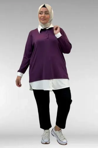 68028 Büyük Beden Kombinli -Manşetli Penye Tunik - Mürdüm - 1