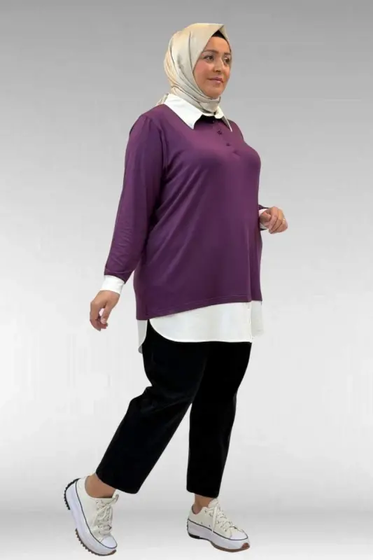 68028 Büyük Beden Kombinli -Manşetli Penye Tunik - Mürdüm - 3