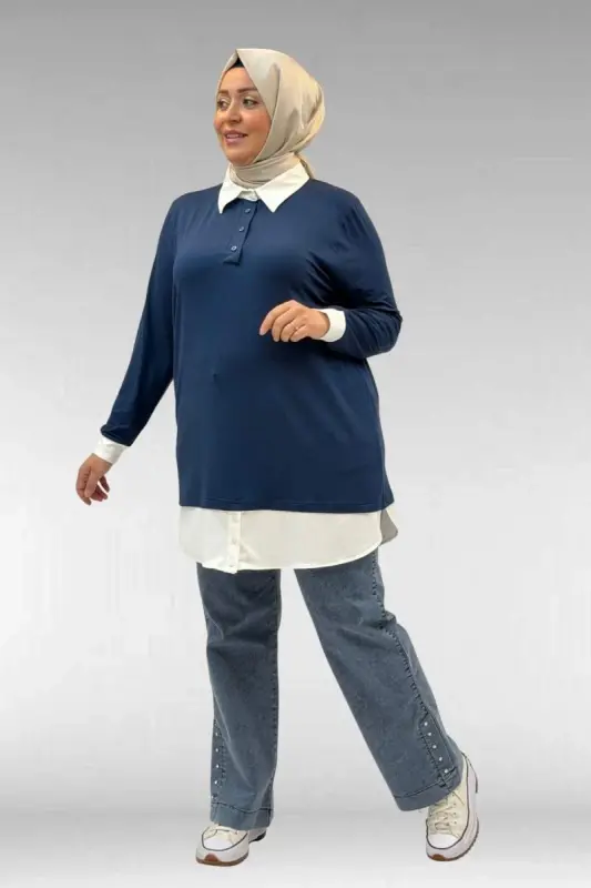 68028 Büyük Beden Kombinli -Manşetli Penye Tunik - Petrol - BÜYÜKBEDENIZ