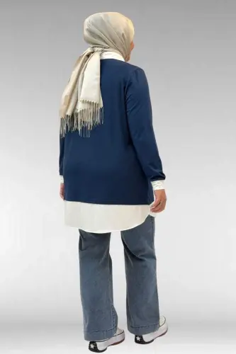 68028 Büyük Beden Kombinli -Manşetli Penye Tunik - Petrol - 3