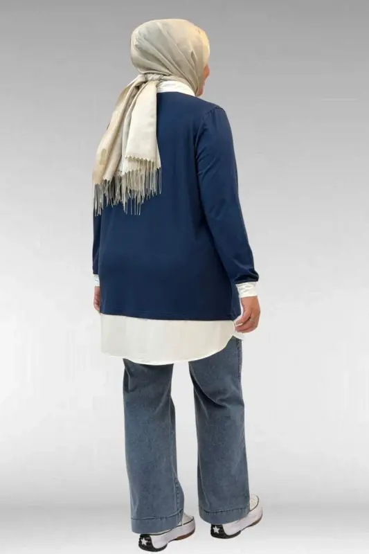 68028 Büyük Beden Kombinli -Manşetli Penye Tunik - Petrol - 3