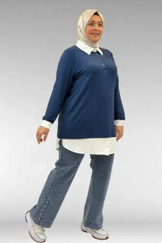 68028 Büyük Beden Kombinli -Manşetli Penye Tunik - Petrol - BÜYÜKBEDENIZ (1)