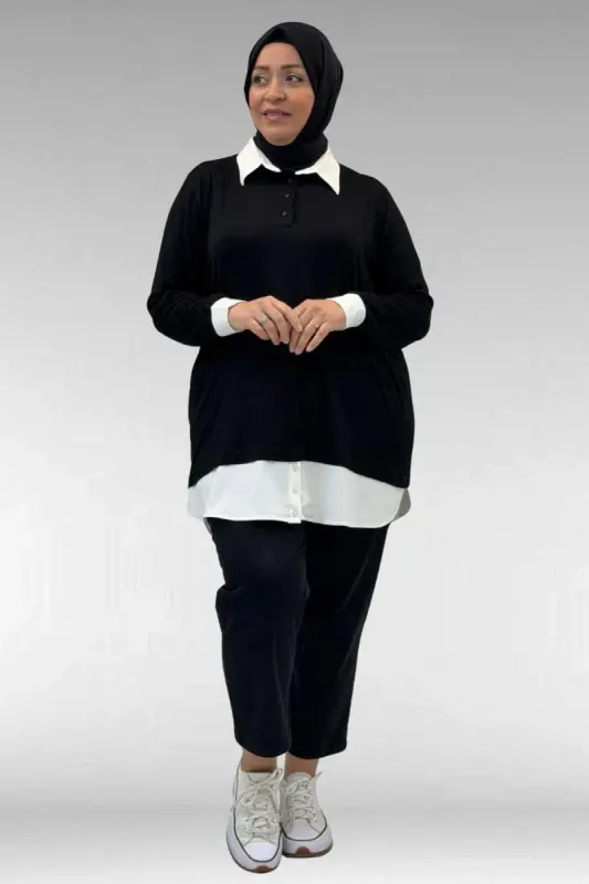 68028 Büyük Beden Kombinli -Manşetli Penye Tunik - Siyah - 2
