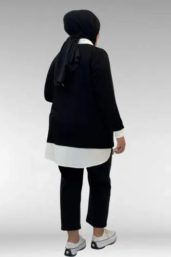 68028 Büyük Beden Kombinli -Manşetli Penye Tunik - Siyah - 3